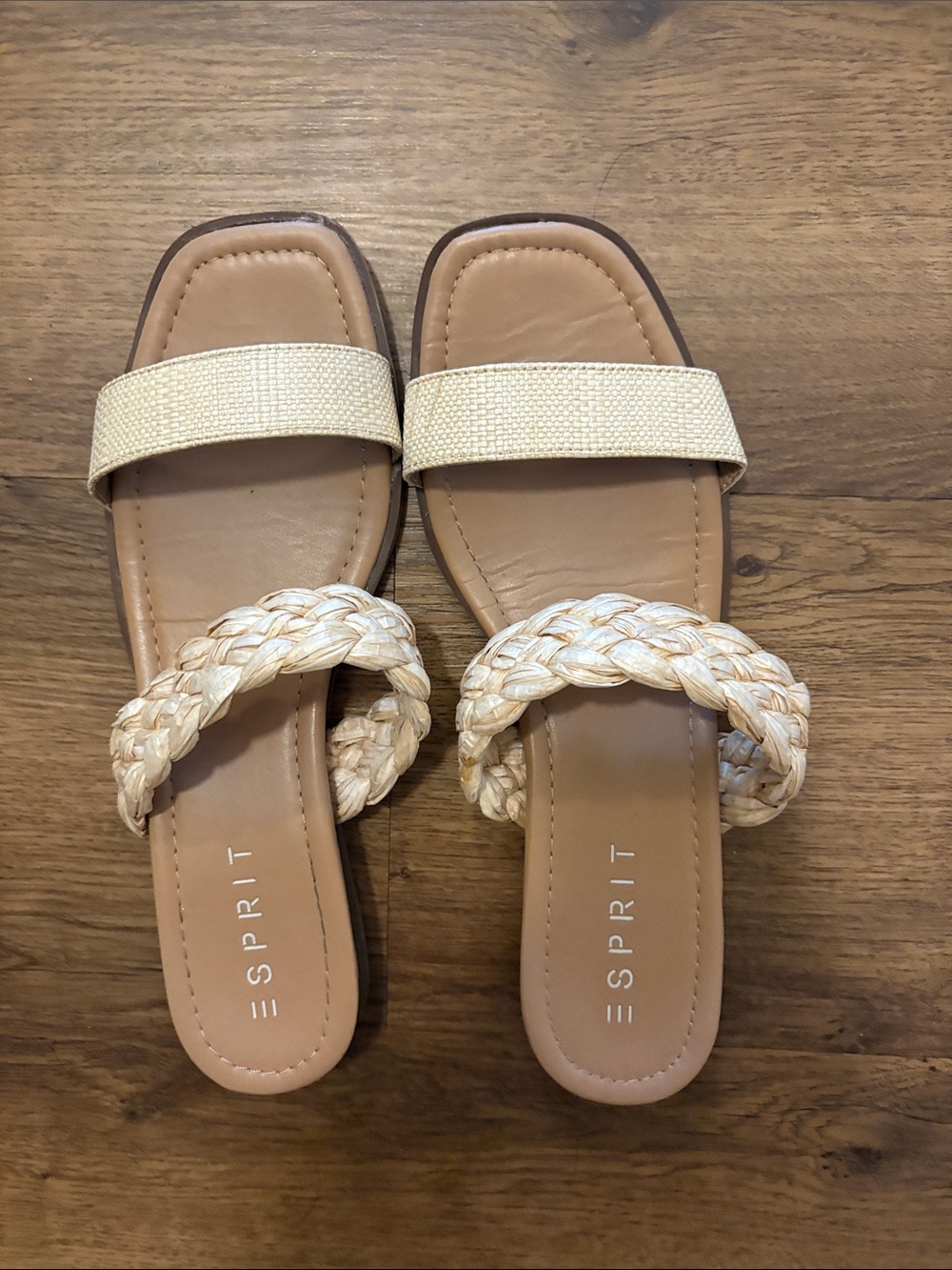 Esprit Women's Tan Footbed with Cream Braided Strap Slide Sandals